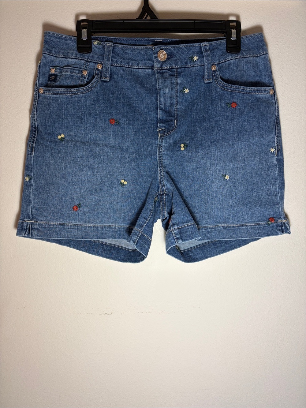 Seven7 Blue Denim Shorts with Embroidered Floral Accents
